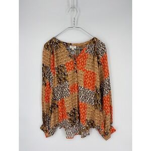 Umgee Blouse L Brown Orange Scarf Print Patchwork Button Detail Puff Sleeve